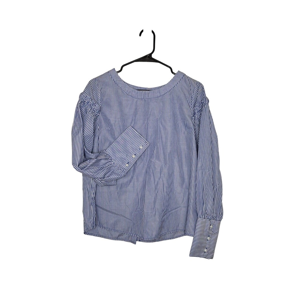 Sienna Sky Women's Blue White Striped Puff Shoulder Pearl Back Button Top Size M - Picture 8 of 9
